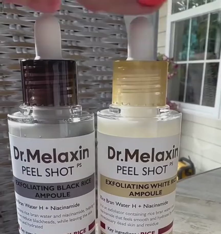 Supplier-provided presentation of the two Dr. Melaxin Peel Shot ampoules: Black Rice and White Rice. Muted product set footage.